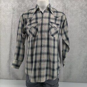 Vintage Dee Cee Brand Shirt Men 15.5 Medium Plaid Gray Black Sawtooth Pearl Snap